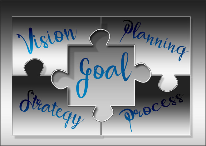 Puzzleteile mit den Worten Vision, Strategy, Goal, Planning und Process