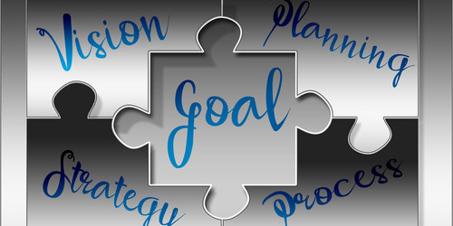 Puzzleteile mit den Worten Vision, Goal, Planning, Strategy und Process