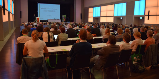 Menschen sitzen im Plenum in einem Konferenzsaal.
