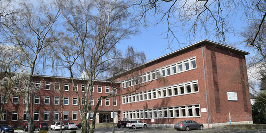 Bäume stehen vor einem Ziegelsteingebäude.