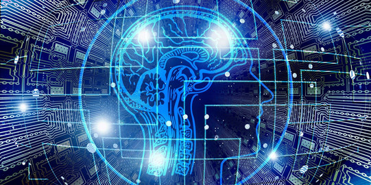Künstliche Intelligenz Auf blauem Hintergrund ist mit weißen Linien ein Gehirn gezeichnet und ein Netzwerk ist aus weißen Punkten dargestellt.