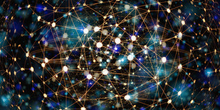 Netzwerk Weiße, hellblaue und dunkelblaue Punkte vor schwarzem Hintergrund, die mit goldenen Linien verbunden sind.